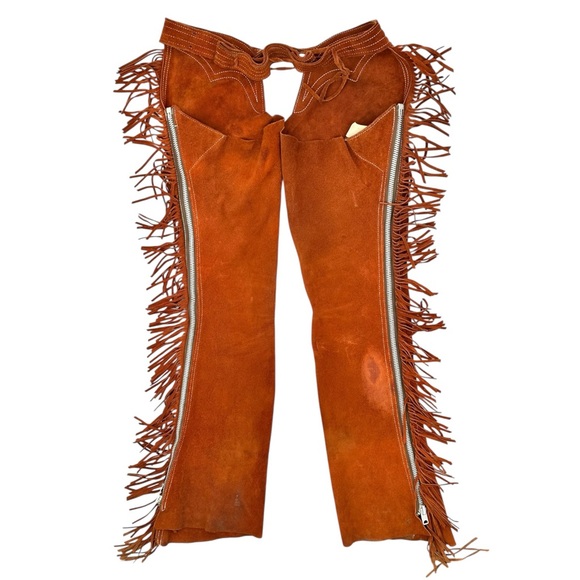 TALON ZIPPER RARE Pre 1960s Vintage Brown Distressed Suede Fringe Trim Chaps - Picture 2 of 12
